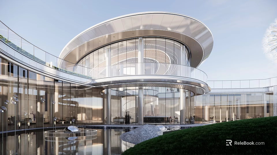 Modern Sales Office Building With Curved Roof Large Glass Facade Reflecting Pool And Green Lawn 3d model 