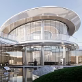 Modern Sales Office Building With Curved Roof Large Glass Facade Reflecting Pool And Green Lawn 3d model