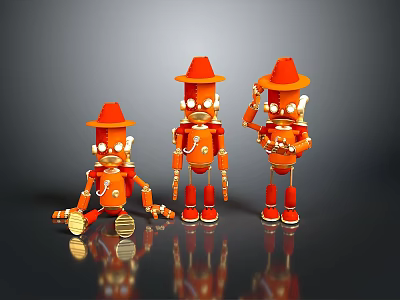 Smart Orange Robots With Red Hats In Different Poses On Reflective Surface 3d model