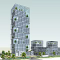Modern Office Building Complex Featuring Glass Facades Greenery Courtyard And Pool 3d model