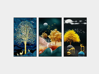 Modern Nature Inspired Wall Art with Trees Deer Moon Hills and Blue Yellow Tones 3d model