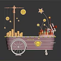 Festive Decorative Cart With Hanging Gold Stars Gift Boxes And Silver Wheels