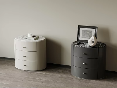 Modern White and Dark Gray Bedside Tables With Three Drawers Framed Art and Decorative Object 3d model