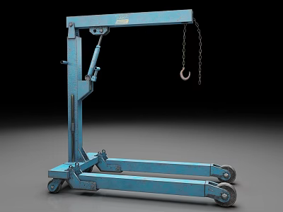 Blue Mobile Hydraulic Crane With Chain Hook And Industrial Wheels 3d model