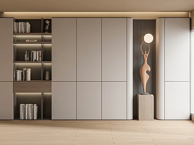 Modern Minimalist Bookcase Interior With Open Shelves LED Lights And Decorative Statue 3d model