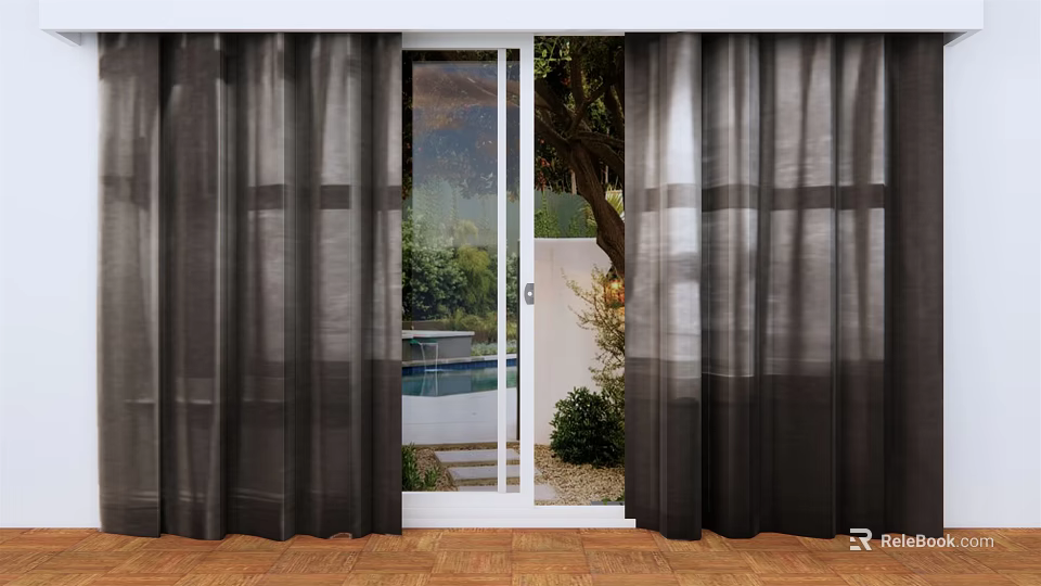 Dark Sheer Curtains For Glass Door With Outdoor Pool And Green Plants View 3d model 