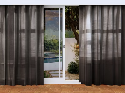 Dark Sheer Curtains For Glass Door With Outdoor Pool And Green Plants View 3d model