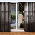 Dark Sheer Curtains For Glass Door With Outdoor Pool And Green Plants View