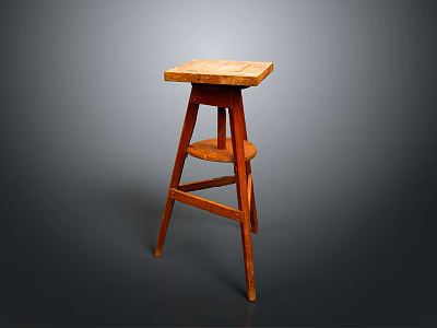 Vintage Wooden High Stool With Square Seat And Rustic Design Legs 3d model