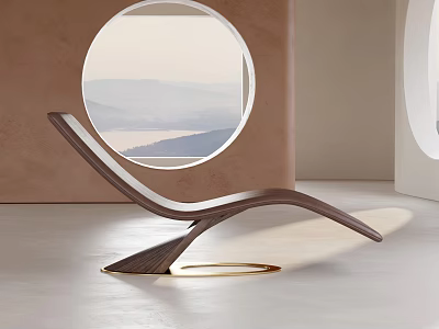 Modern Curved Lounge Chair With Wooden Frame By Circular Window Scenic Interior View 3d model