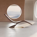 Modern Curved Lounge Chair With Wooden Frame By Circular Window Scenic Interior View
