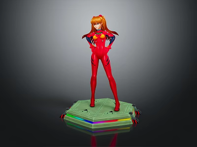 Game and Movie Character with Orange Hair in Red Bodysuit Standing on Colorful Illuminated Base 3d model