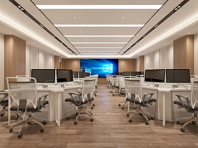 Modern School Computer Lab Interior With White Desks Computers Large Screen And Wooden Floor 3d model