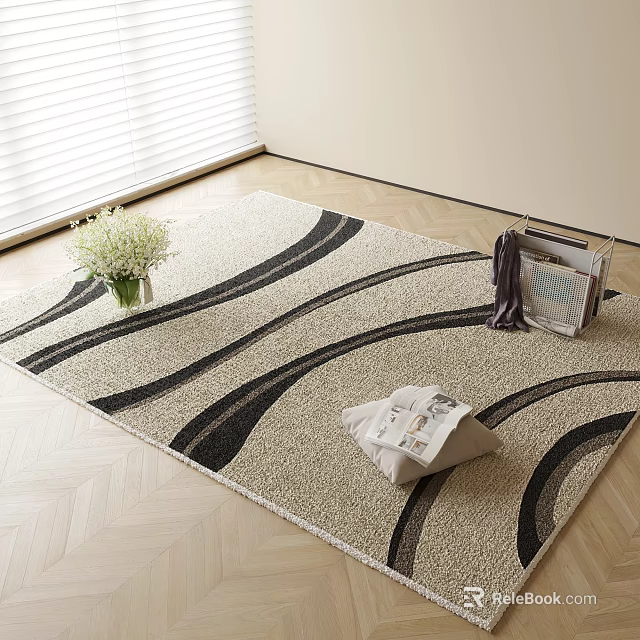 Square Beige Rug With Black Wavy Lines On Wooden Floor With White Flowers In Vase 3d model 