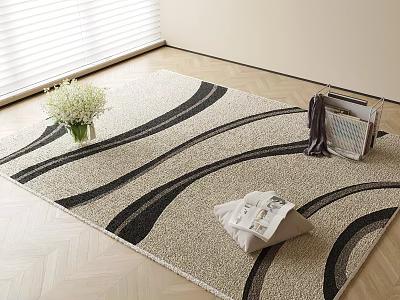Square Beige Rug With Black Wavy Lines On Wooden Floor With White Flowers In Vase 3d model