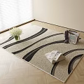 Square Beige Rug With Black Wavy Lines On Wooden Floor With White Flowers In Vase
