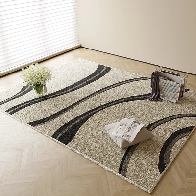 Square Beige Rug With Black Wavy Lines On Wooden Floor With White Flowers In Vase 3d model