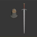 Medieval Metal Helmet With Chain Mail And Red Hilt Sword