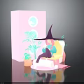 Witch Hat Girl On Pink Chair With Pink Box Moon Plant Pattern And Green Plants