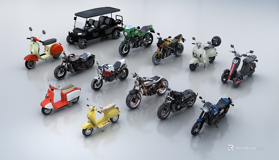 Diverse Types Of Motorcycles Featuring Classic Sport And Scooter Models On 3d model 