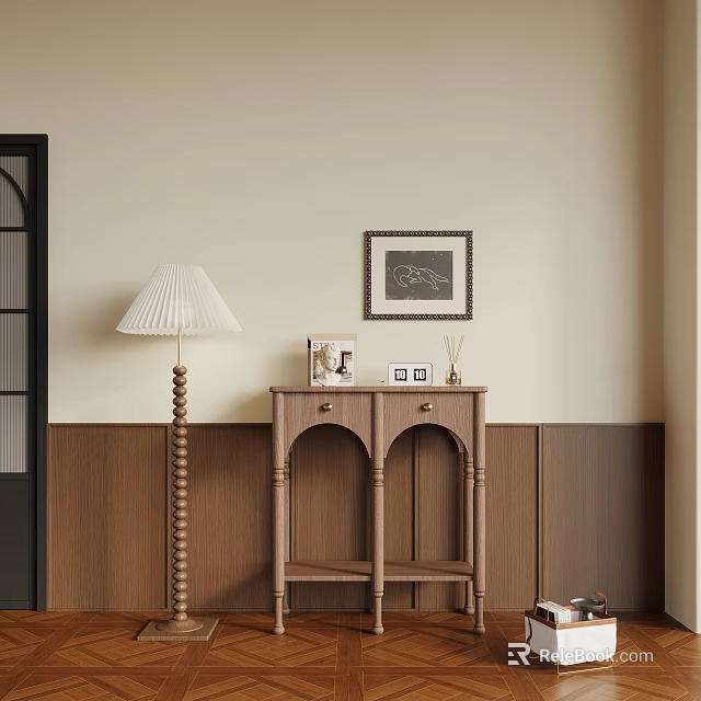 Elegant Wooden Entryway Side Cabinet With Drawers Doors Floor Lamp Wall Art And Decor 3d model 