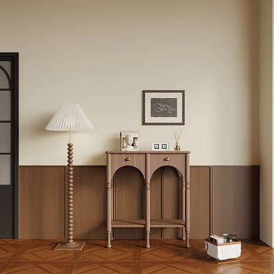 Elegant Wooden Entryway Side Cabinet With Drawers Doors Floor Lamp Wall Art And Decor 3d model