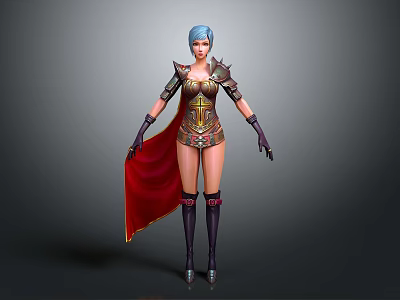 Game Movie Warrior Character With Blue Hair Golden Armor Red Cape And Black Boots 3d model