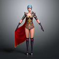Game Movie Warrior Character With Blue Hair Golden Armor Red Cape And Black Boots