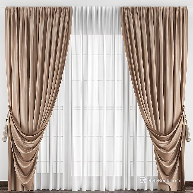 Elegant Brown Velvet Curtains With Sheer Drapes For Window Decor Design 3d model 