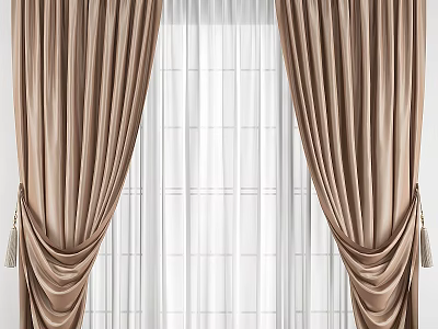 Elegant Brown Velvet Curtains With Sheer Drapes For Window Decor Design 3d model