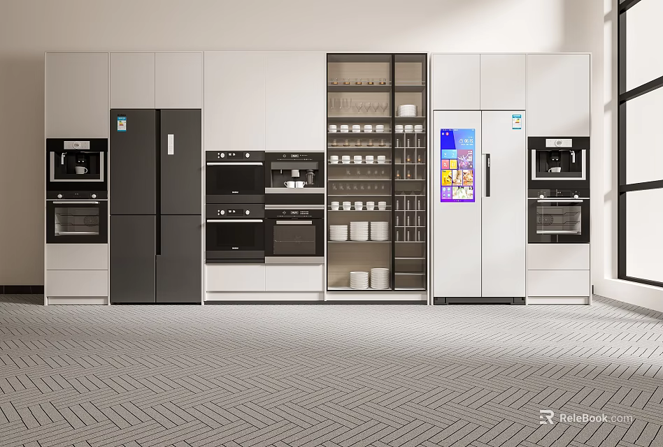 Modern Kitchen Interior With White And Black Cabinets Fridges Ovens And Appliances 3d model 