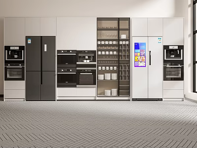 Modern Kitchen Interior With White And Black Cabinets Fridges Ovens And Appliances 3d model