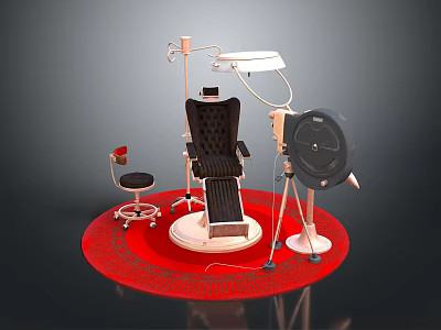 Modern Barber Chair With Stool Lamp Stand And Round Equipment On Red Round Carpet 3d model