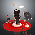 Modern Barber Chair With Stool Lamp Stand And Round Equipment On Red Round Carpet