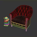 Dark Brown Tufted Armchair with Wooden Legs and Stack of Books with Cup