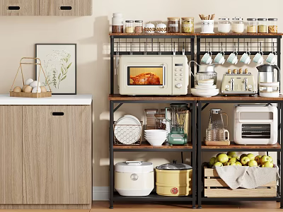 Multi Tiered Kitchen Storage Shelf with Microwave Toaster Rice Cooker Bowls Mugs and Fresh Fruits 3d model