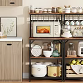 Multi Tiered Kitchen Storage Shelf with Microwave Toaster Rice Cooker Bowls Mugs and Fresh Fruits