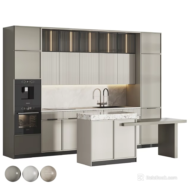 Modern Kitchen Cabinets With Marble Countertop Sink Coffee Machine And Oven 3d model 