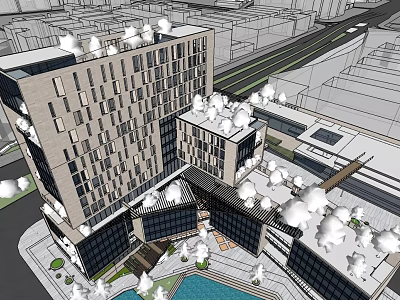 Modern High Rise Office Building Complex With Glass Curtain Walls Greenery And Pool 3d model