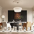 Elegant Dining Room with Large Table Various Chairs Chandelier Dark Paneled Wall Plants Patterned Rug