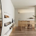 Modern Public Office Space Interior With Long Desk White Chairs Hanging Lamp And Wooden Shelves