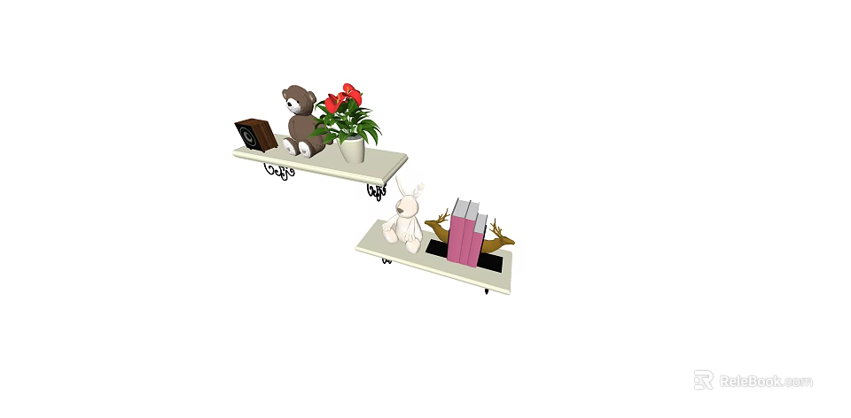Stylish Wall Cabinets With Teddy Bear Red Flowers Photo Frame Rabbit Doll And Books 3d model 