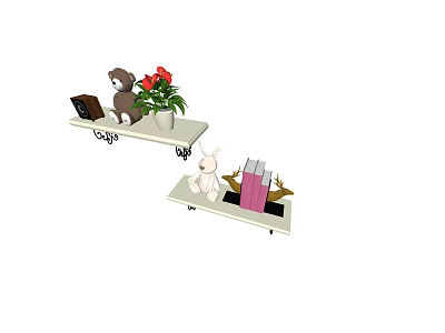 Stylish Wall Cabinets With Teddy Bear Red Flowers Photo Frame Rabbit Doll And Books 3d model