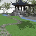 Beautiful Courtyard Garden With Chinese Style Pavilion Stone Pathway Colorful Flowers And Green Lawn