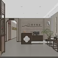 Traditional Chinese Tea House Lobby With Wooden Decor Reception Desk And Lanterns
