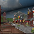 Scenic Traditional Commercial Street With Red Lanterns Wooden Buildings Flowers And Mountain Views