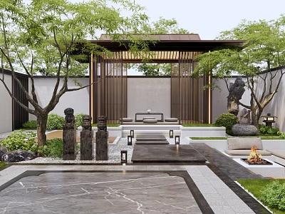 Traditional Chinese Courtyard Garden Design With Pavilion Trees Stone Pillars Stone Pathway And Fire Pit 3d model