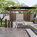 Traditional Chinese Courtyard Garden Design With Pavilion Trees Stone Pillars Stone Pathway And Fire Pit