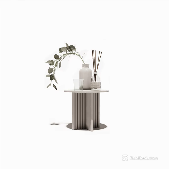 Minimalist Modern Coffee Table With Vase Reed Diffuser Leaves And Small Glass 3d model