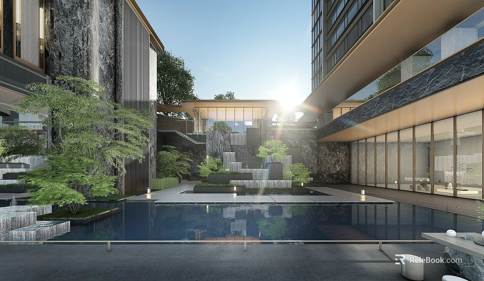 Modern Sales Office Building Featuring Water Pool Stone Steps Green Plants And Sunlight 3d model 